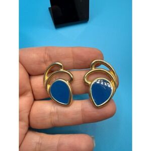 Vintage Gold Tone Blue Enamel Swirl Teardrop Post Earrings Statement Studs